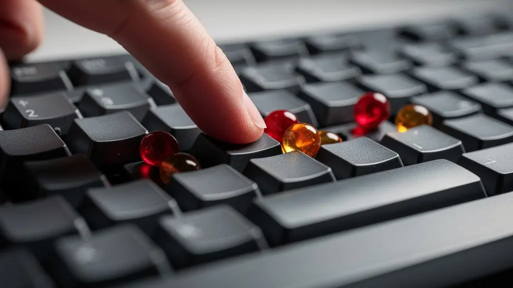 Macro close-up of blank, unlettered keyboard keys with scattered red and amber tokens suggesting constant interruptions and broken focus.