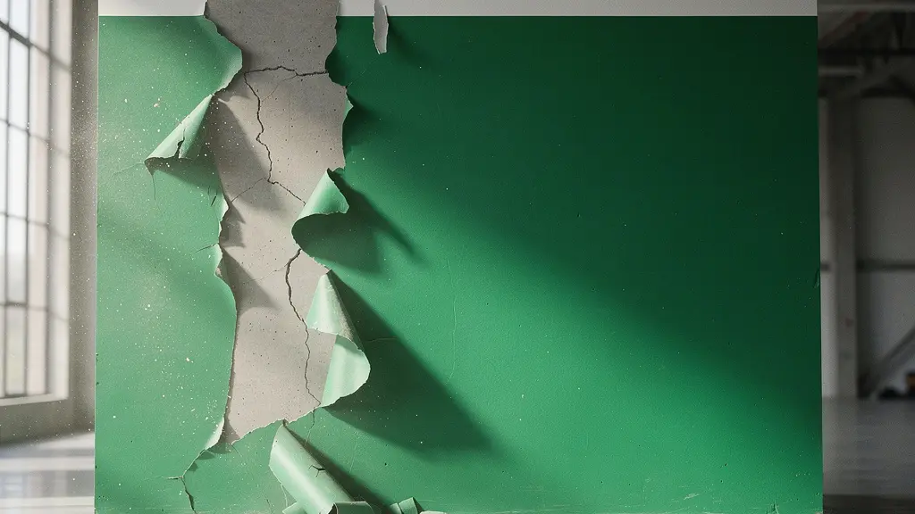 A pristine green painted surface cracking to reveal industrial grey underneath, symbolizing the gap between marketing claims and reality