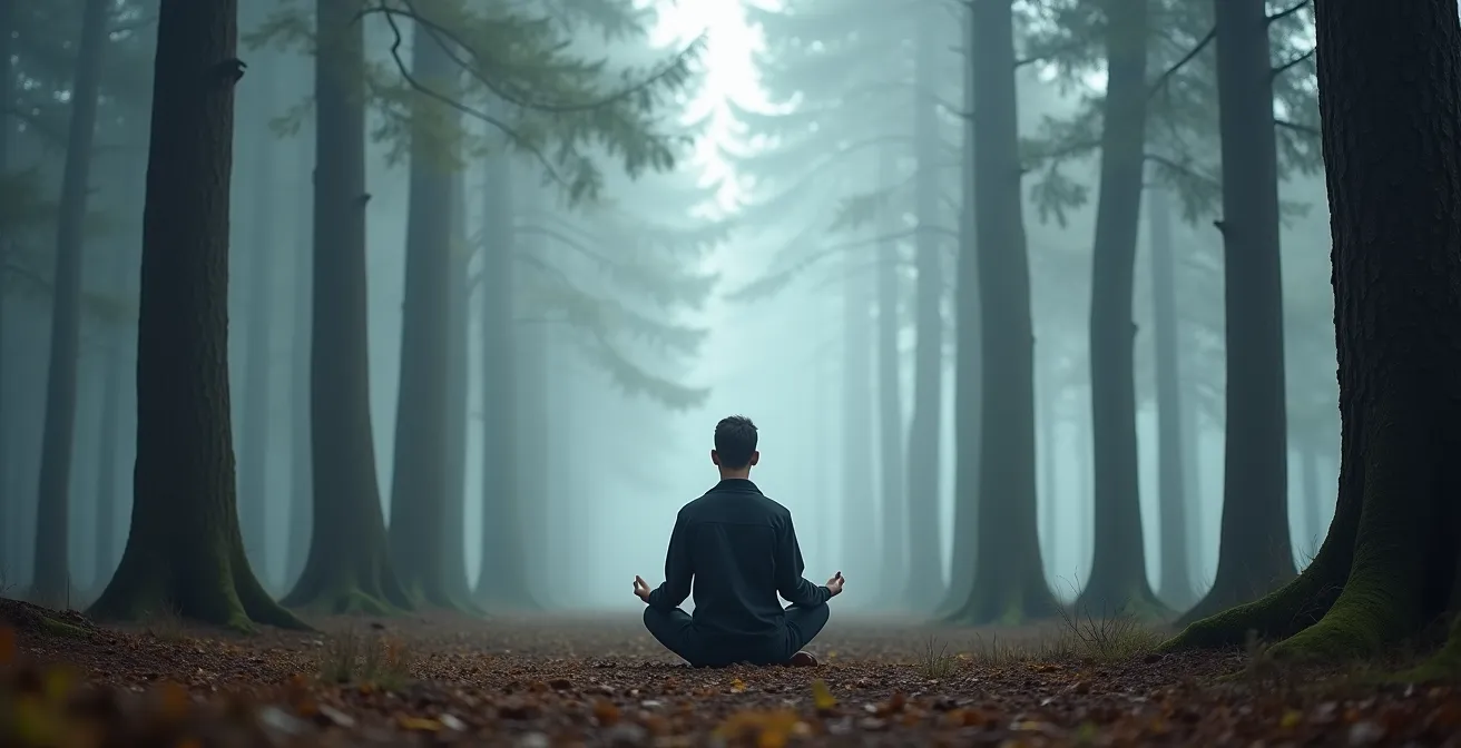 Person meditating in misty forest clearing surrounded by tall trees