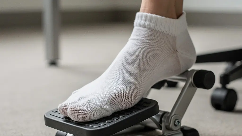 Close-up of a foot using a small under-desk pedal device, suggesting subtle movement breaks to support focus.