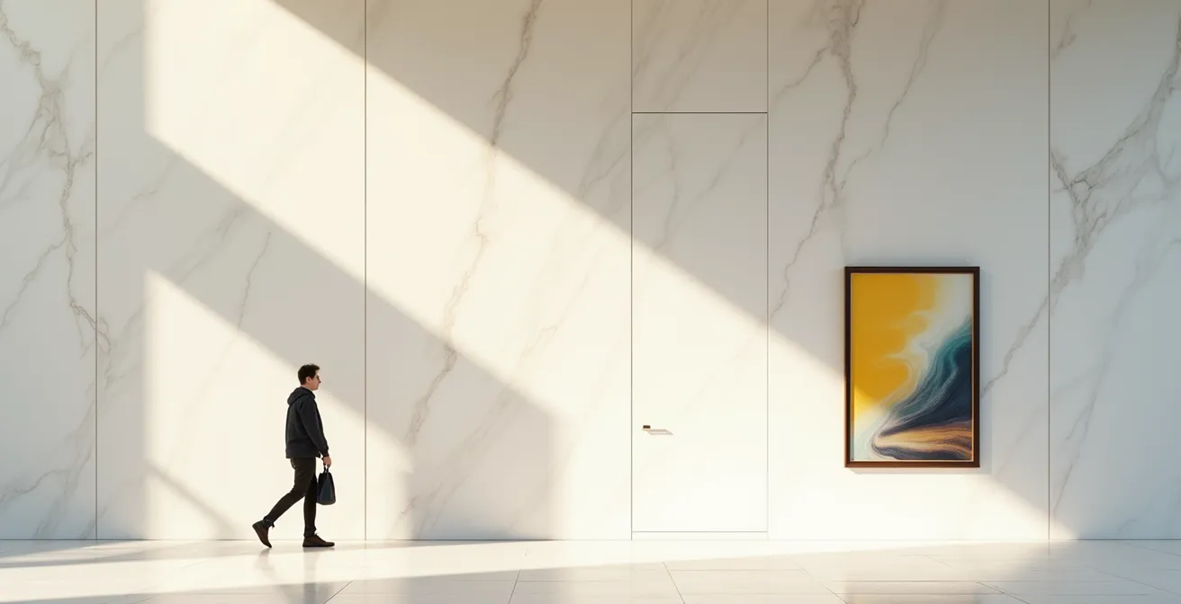 Wide angle view of a minimalist retail storefront with clean architectural lines and abundant negative space