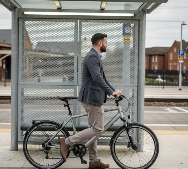Modern galvanised steel bicycle shelter at UK railway station with cyclist approaching