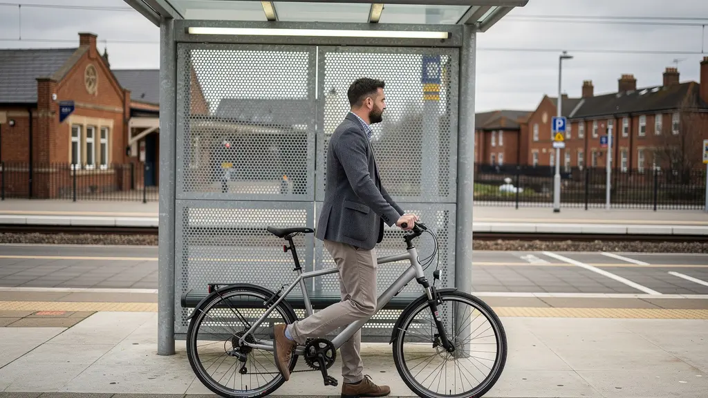 Modern galvanised steel bicycle shelter at UK railway station with cyclist approaching