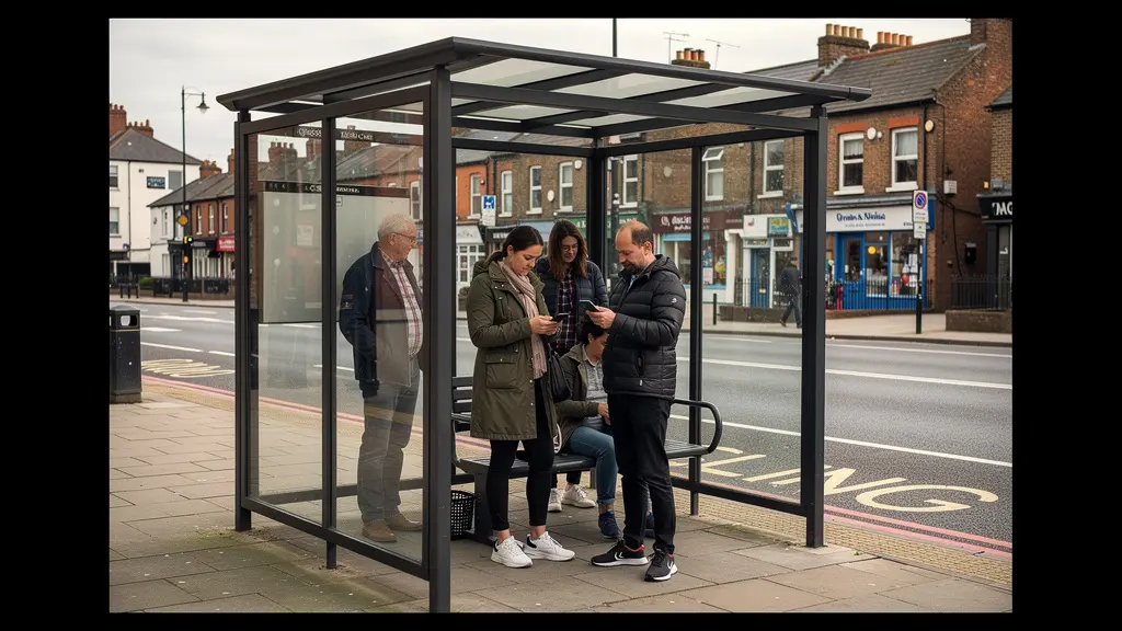 Modern accessible bus shelter on UK high street with waiting passengers