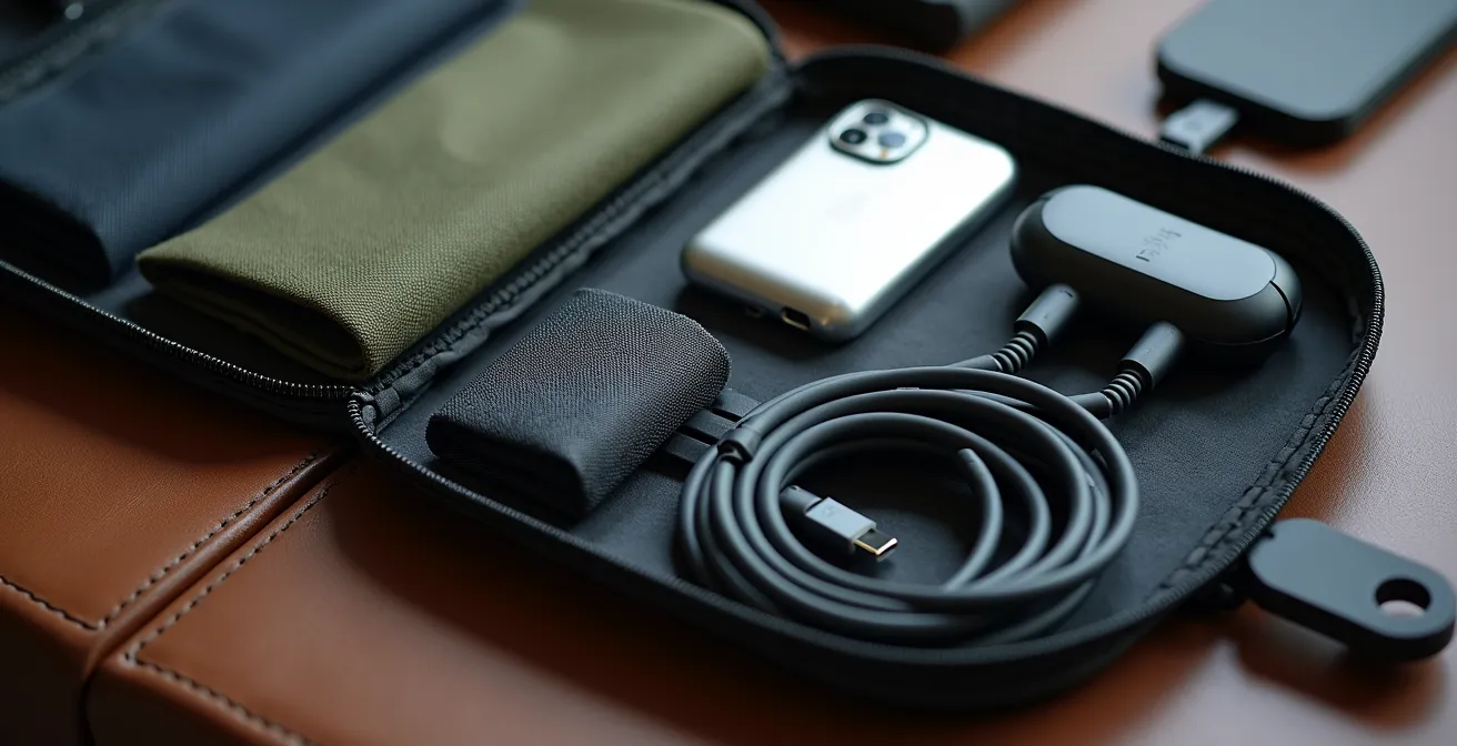 Organized modular tech pouch system with color-coded compartments and GaN charger