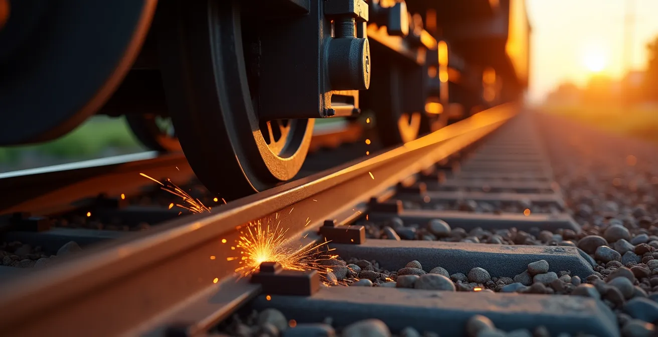 A close-up shot of a train wheel in motion on the tracks at dusk, symbolizing an efficient and powerful mode of travel.