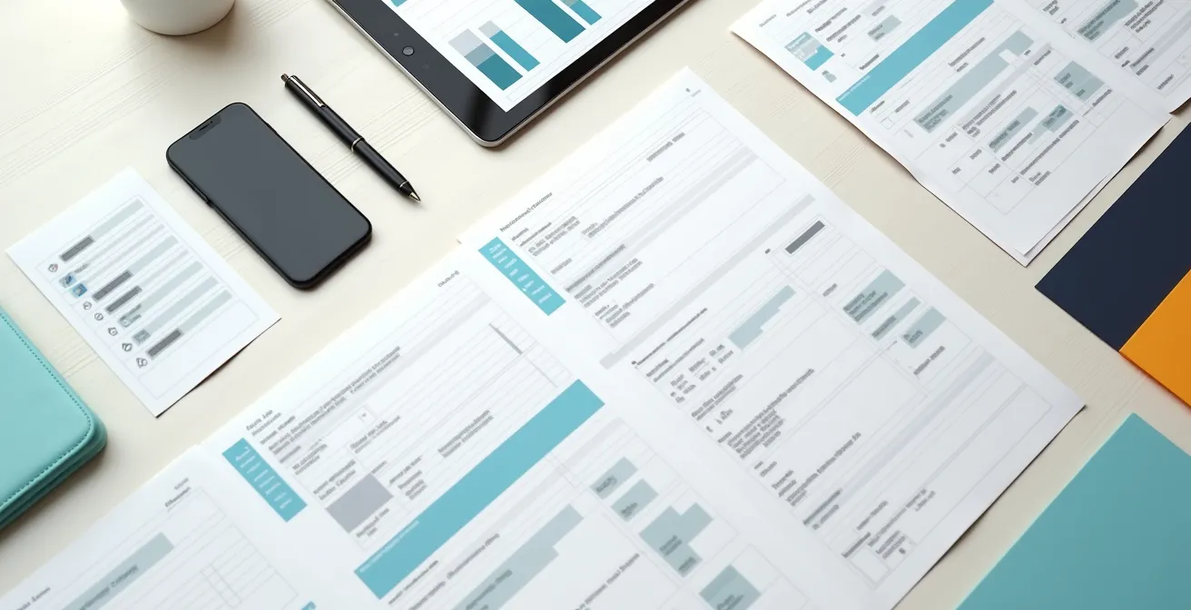 Overhead view of methodically organized travel booking documents