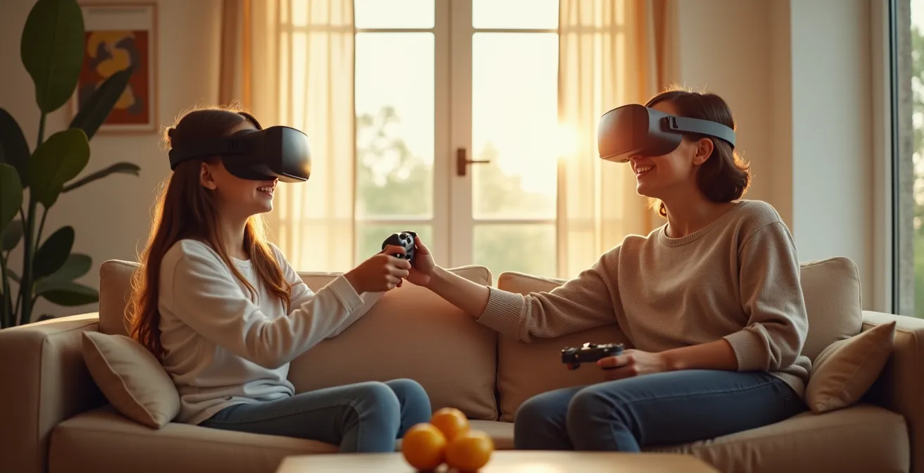 Parent and child sharing a VR experience together in a home setting