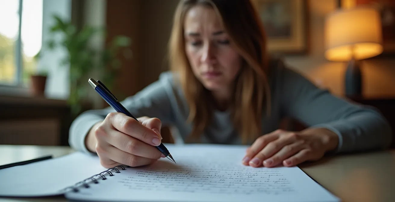 Patient writing notes at desk with symptom timeline visible