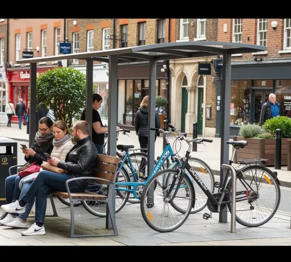 Vibrant UK high street with benches and cycle parking in active use