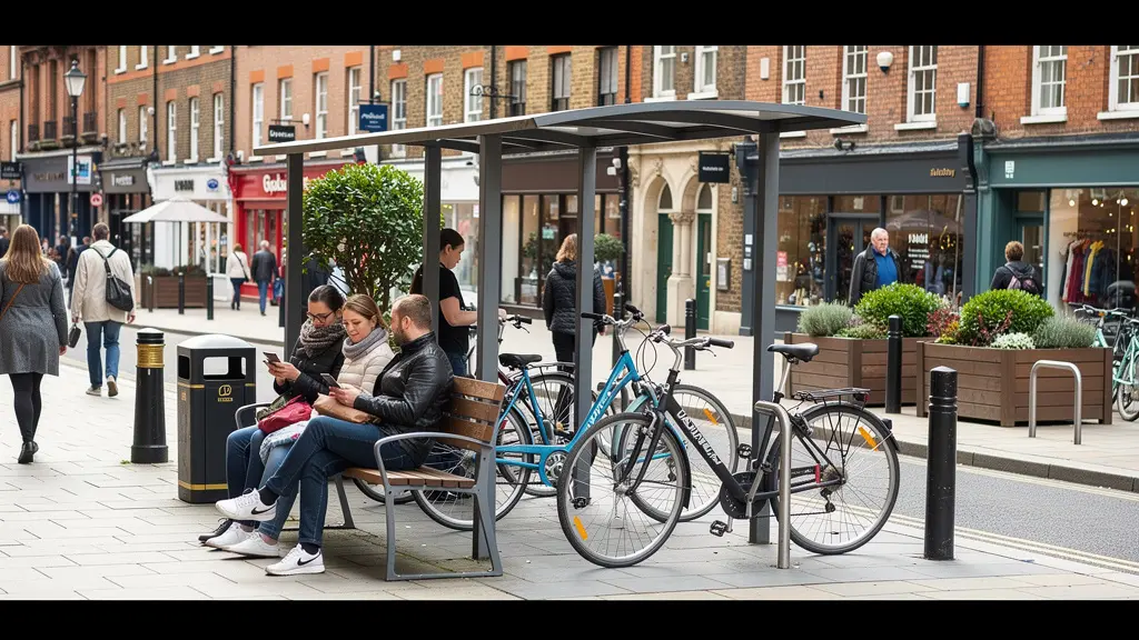 Vibrant UK high street with benches and cycle parking in active use