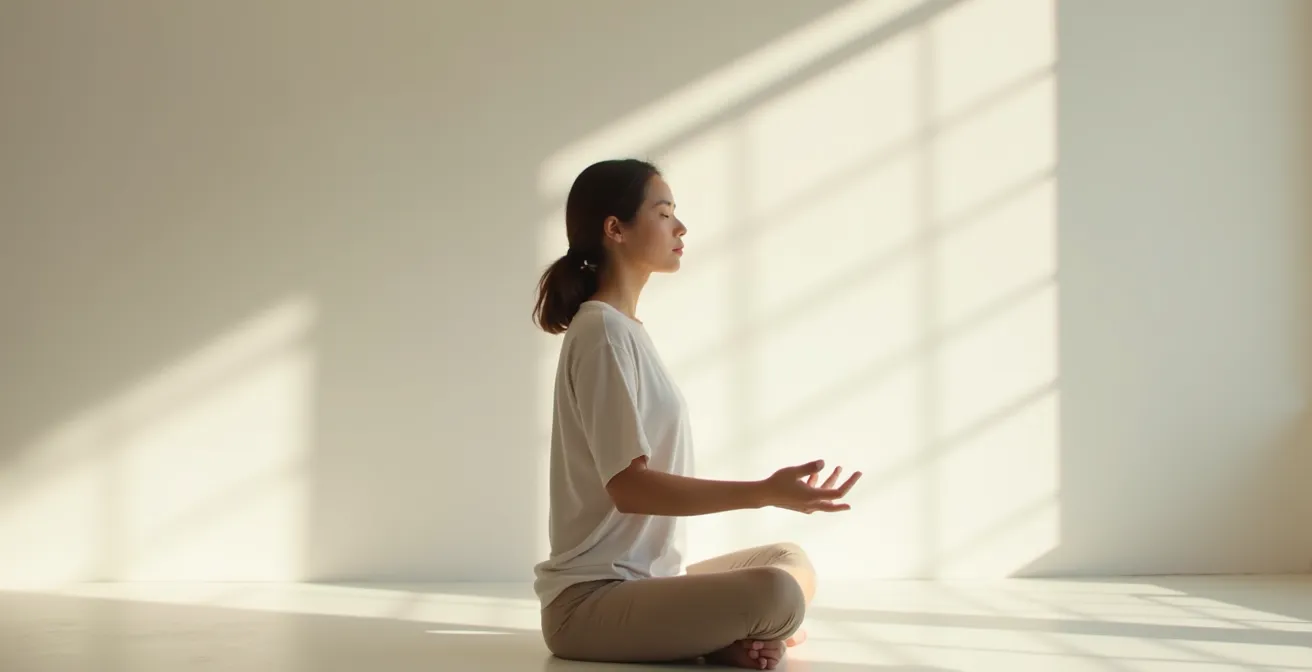 Individual demonstrating controlled breathing technique in peaceful setting