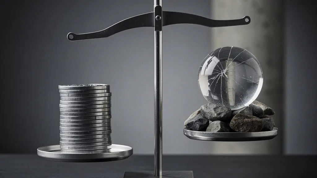A metaphorical still life of a balance scale weighing blank metal tokens against a cracked glass sphere, suggesting political risk versus investment upside.
