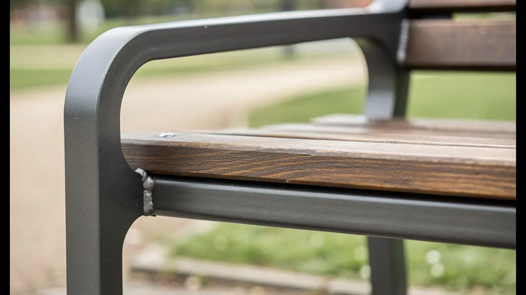 Close-up of precision welded steel frame with powder-coated finish and hardwood slats