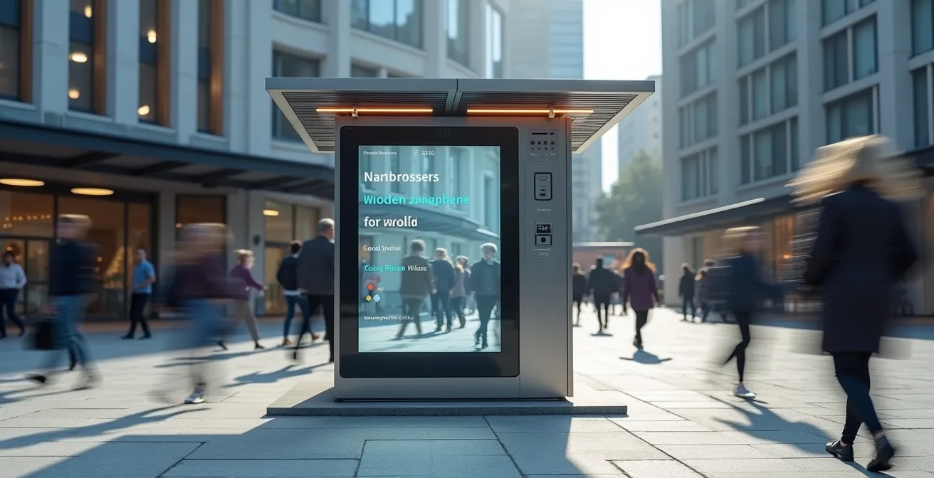 Abstract visualization of anonymized crowd flow patterns around urban kiosk