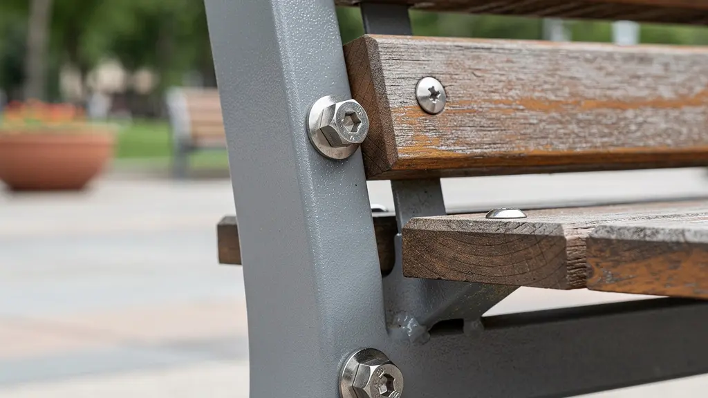 Close-up of quality steel and timber bench construction showing durable fixings