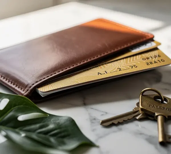 A wide editorial shot of a leather passport holder and boarding passes resting on a marble surface beside a tropical leaf, evoking international mobility and tax-free residency for remote workers.