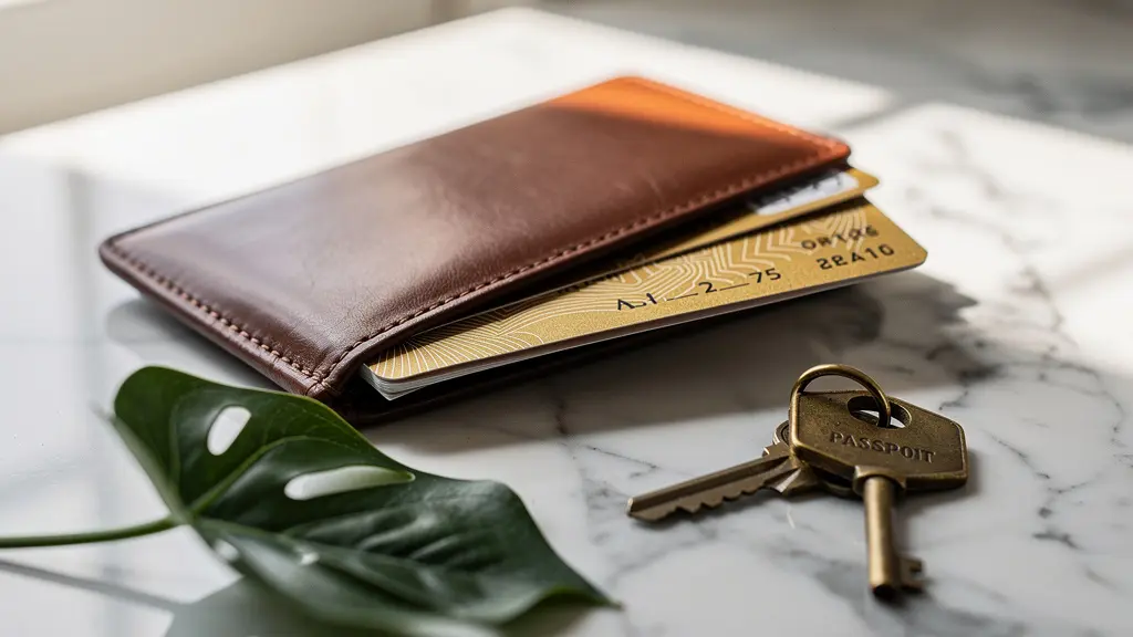 A wide editorial shot of a leather passport holder and boarding passes resting on a marble surface beside a tropical leaf, evoking international mobility and tax-free residency for remote workers.