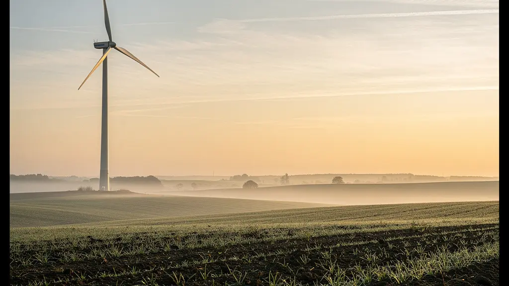 Wide minimalist landscape photograph of a single wind turbine standing in a vast, misty open plain at dawn, evoking the solitary nature of timing renewable energy investments against uncertain policy horizons.