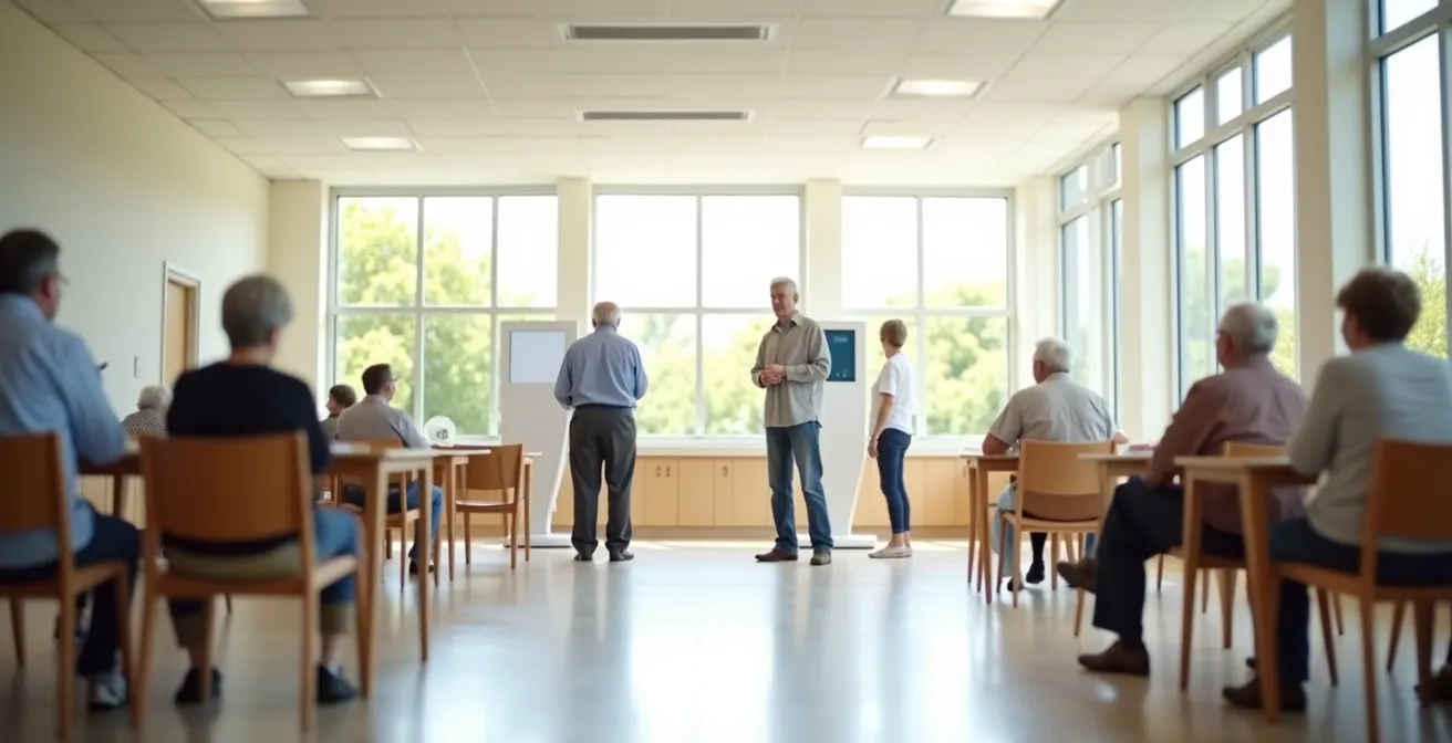 Wide shot of a community center with seniors using a simplified health station