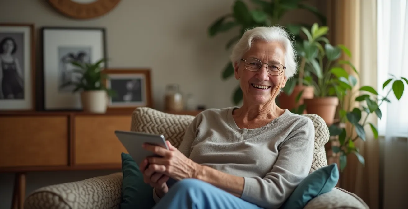 Elderly person confidently using telehealth platform in comfortable home setting