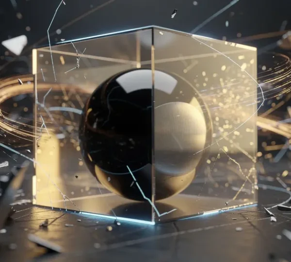 A symbolic representation of financial literacy acting as a shield against market chaos, with clean geometric lines protecting a stable core from volatile surroundings.