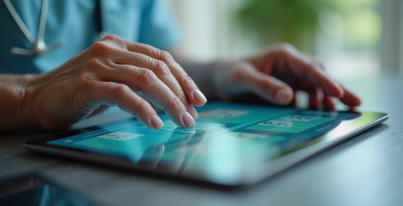 Hands of a senior person using a simplified booking interface on a tablet