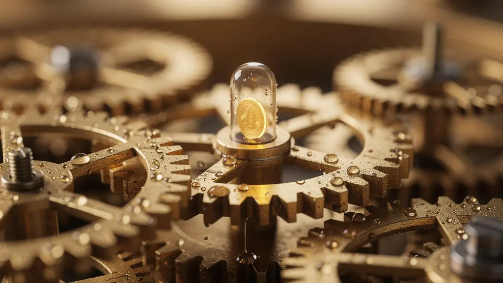 Close-up macro photograph of interlocking brass gears and a small glass vessel containing a golden coin, symbolizing automated smart contract escrow mechanisms