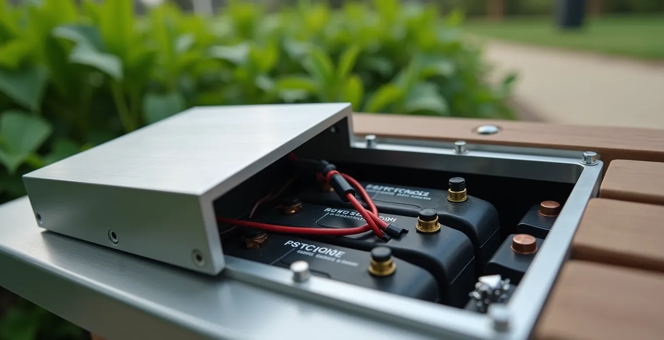 Solar bench with modular battery compartment in urban park setting