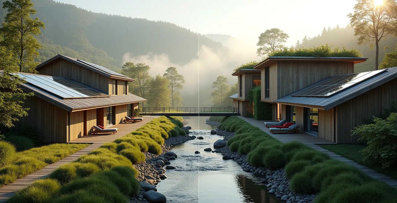 Split view comparing rustic lodge and modern hotel environmental integration
