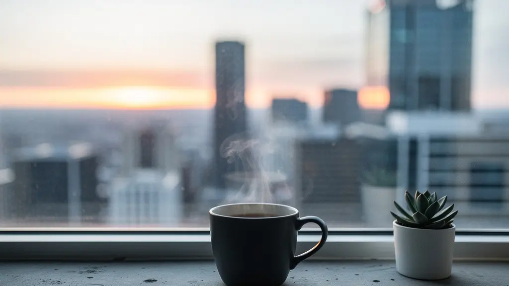 A wide minimalist shot of a steaming coffee cup on a windowsill at dawn with a blurred cityscape beyond, representing the early morning routine of remote workers managing timezone differences.
