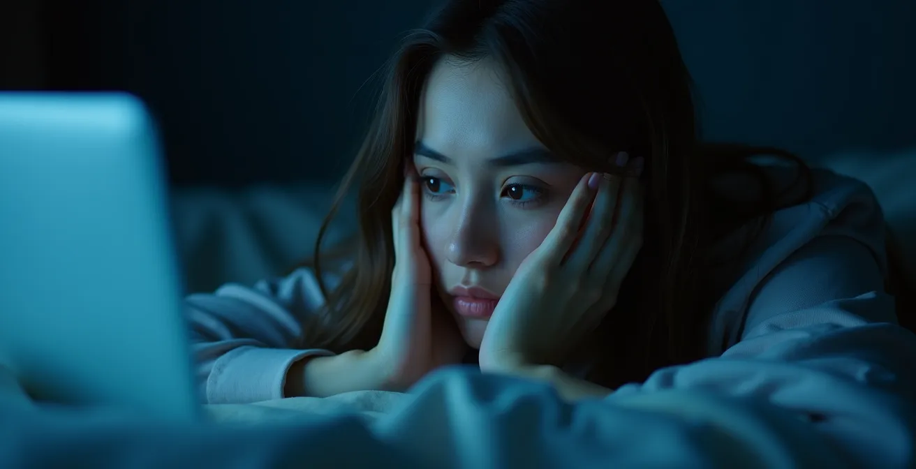 Close-up portrait showing an exhausted person with alert eyes reflecting screen light