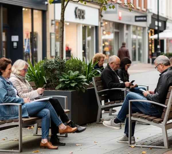 Quality street furniture benches and planters in use on British high street