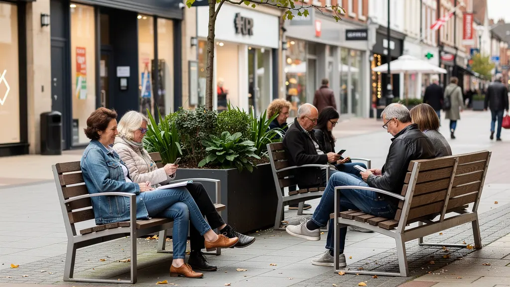 Quality street furniture benches and planters in use on British high street
