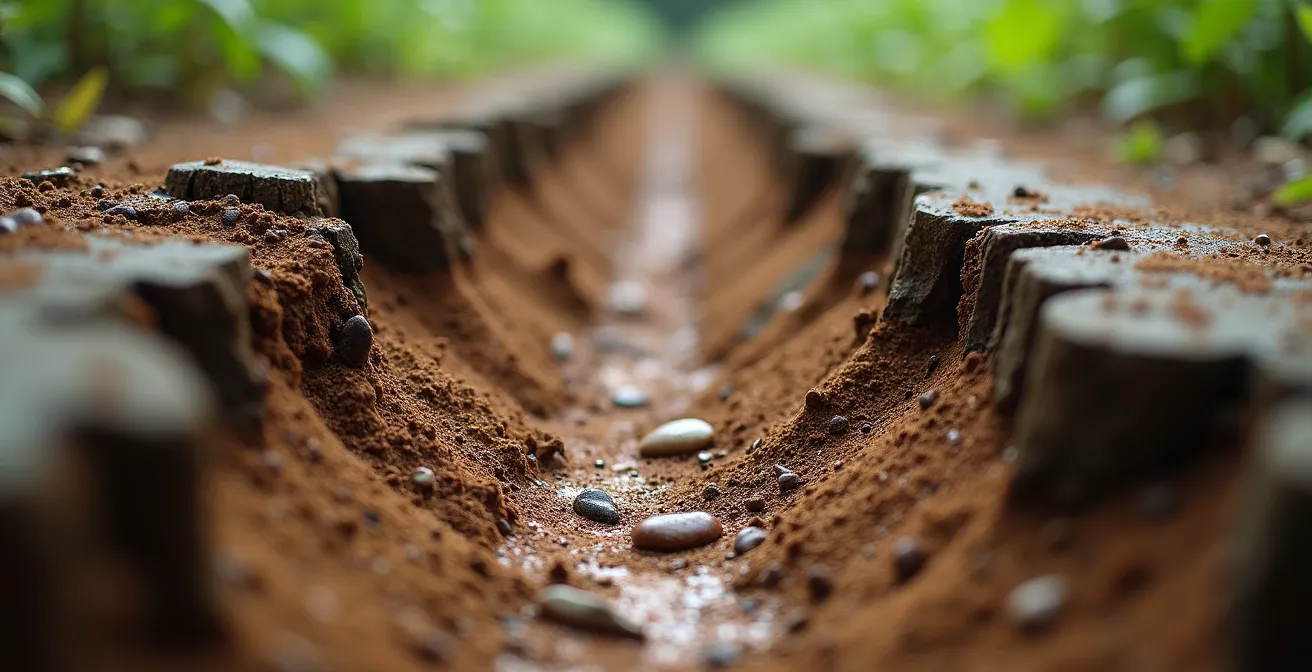 Close-up view of eroded trail switchback showing deep gouges in earth