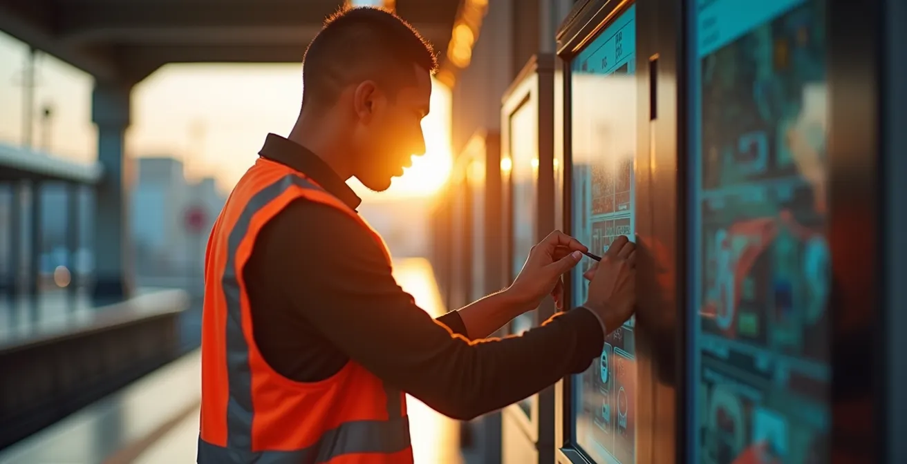 Technician performing maintenance on a kiosk in an empty transit station