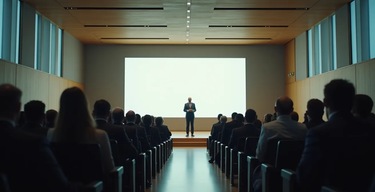 Executive team conducting transparent town hall meeting about organizational changes