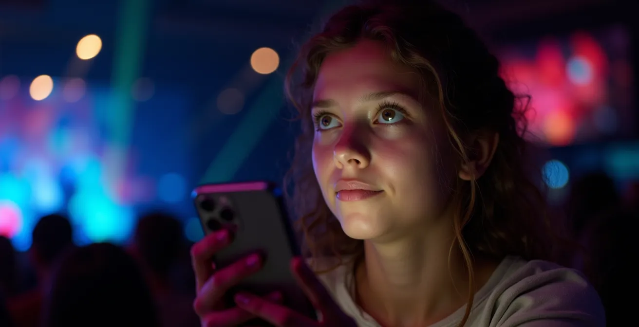 Person experiencing virtual concert through smartphone gyroscopic viewing