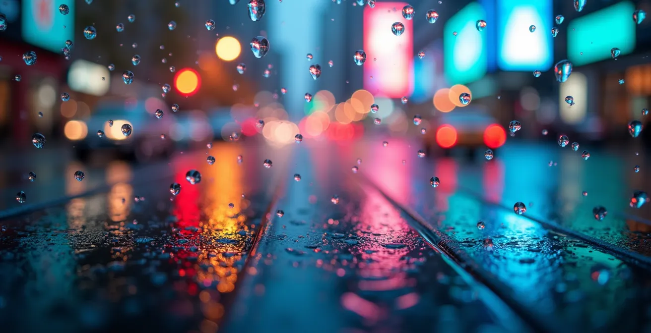 Close-up macro shot of water droplets on glass surface with colorful abstract light reflections in the background