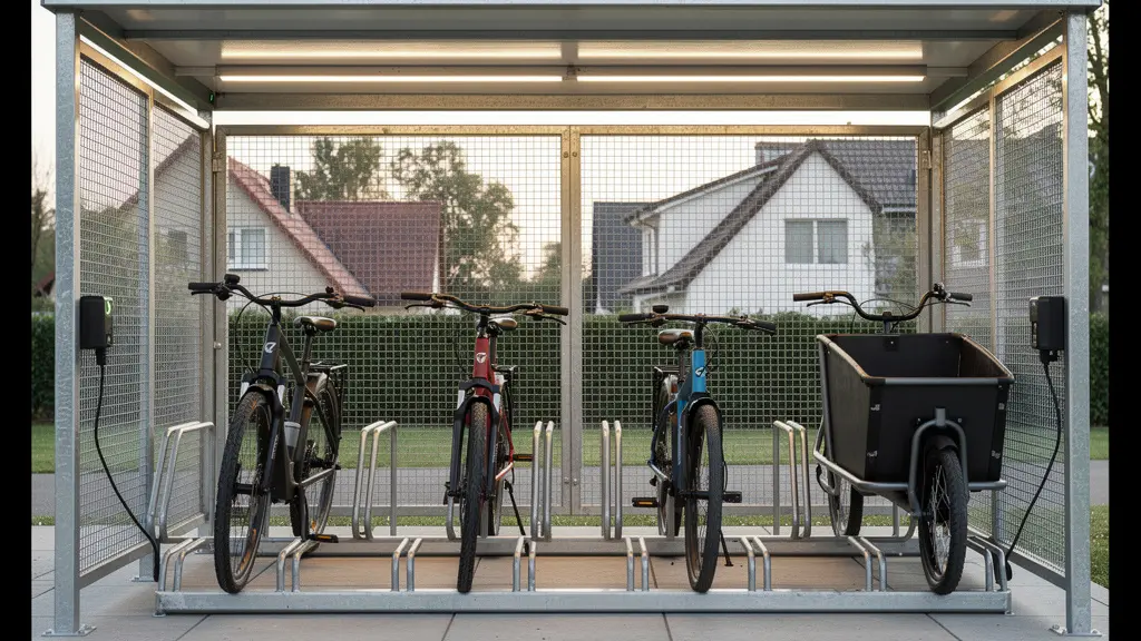 Interior view of bicycle shelter showing e-bikes and cargo bike in wide-spaced racks