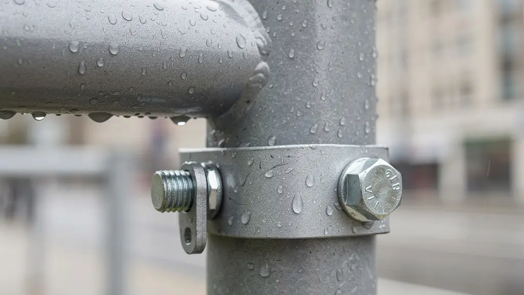 Close-up of galvanised steel bicycle shelter frame showing bolts and powder-coated finish