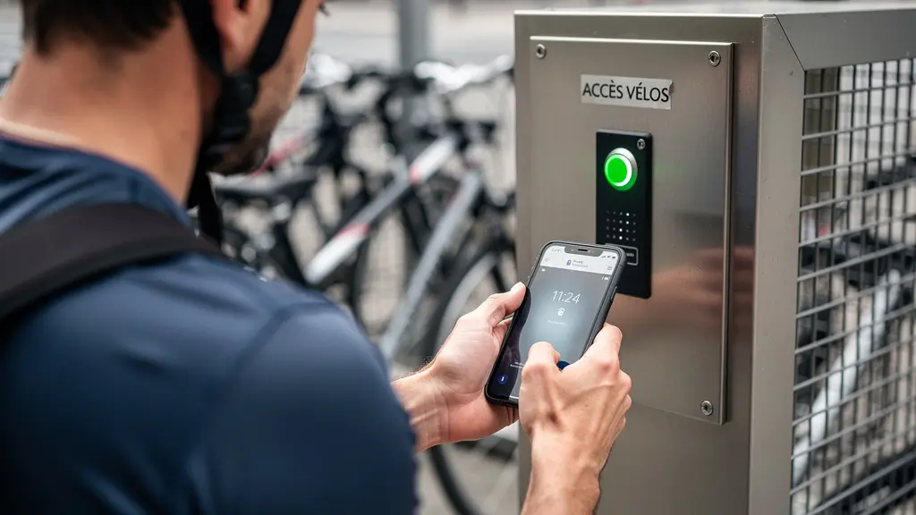 Cyclist using smartphone near electronic access panel on secure bicycle shelter